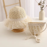 Kids Girls Straw Hat Handbag Set Wide Brim Lace Bow Sun Protection Cap  Summer Beach Bucket Cap Portable Handbag панама Gorras