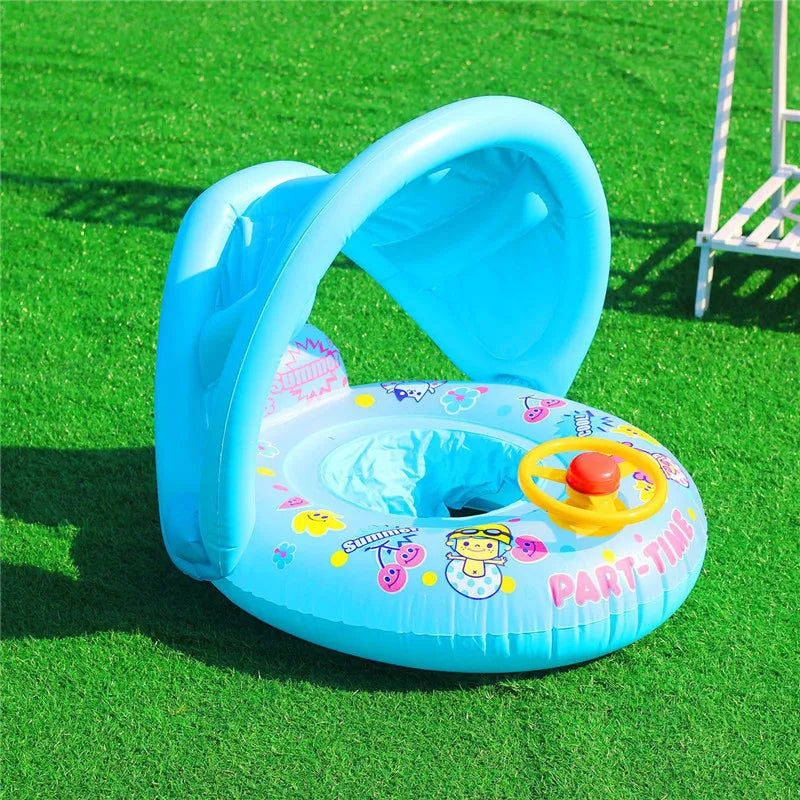 Cartoon Inflatable Baby Swim Ring Seat Floating Sunshade