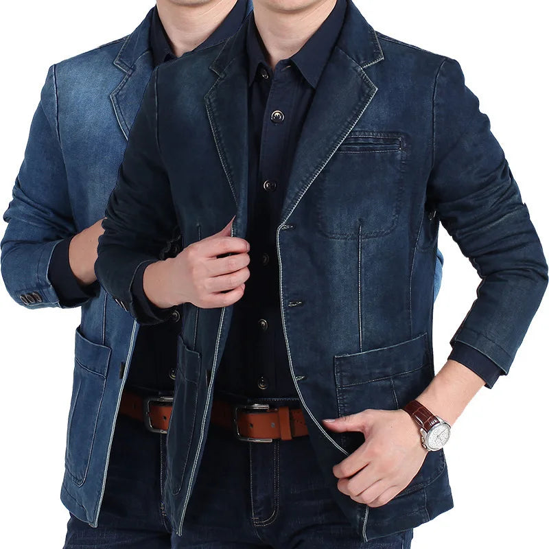 Mens Denim Blazer Men Fashion Cotton Vintage Suit