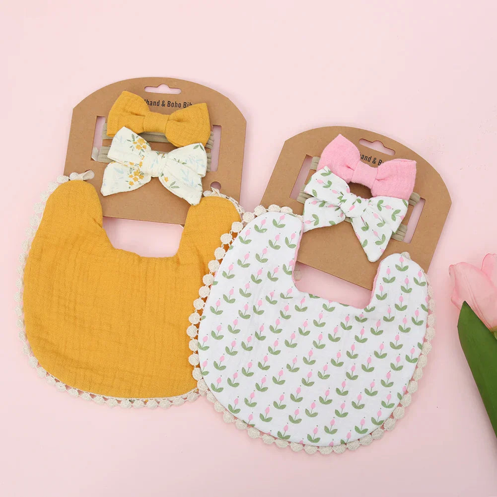 3Pcs/Set Baby Flower Bibs & Headbands Bow Nylon