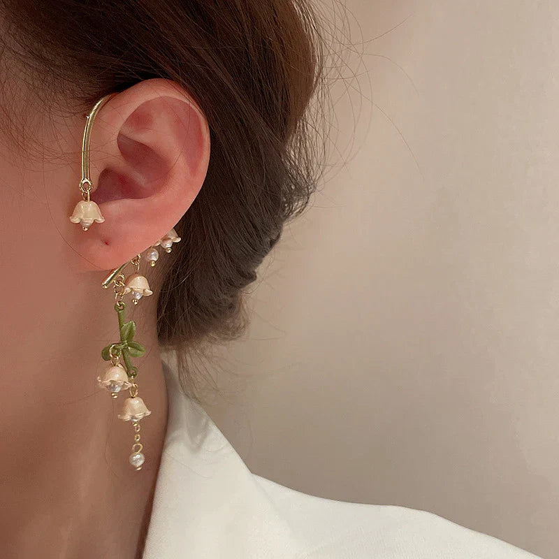 Fashion Bell Orchid Flower Pearl Tassel Clip Earrings