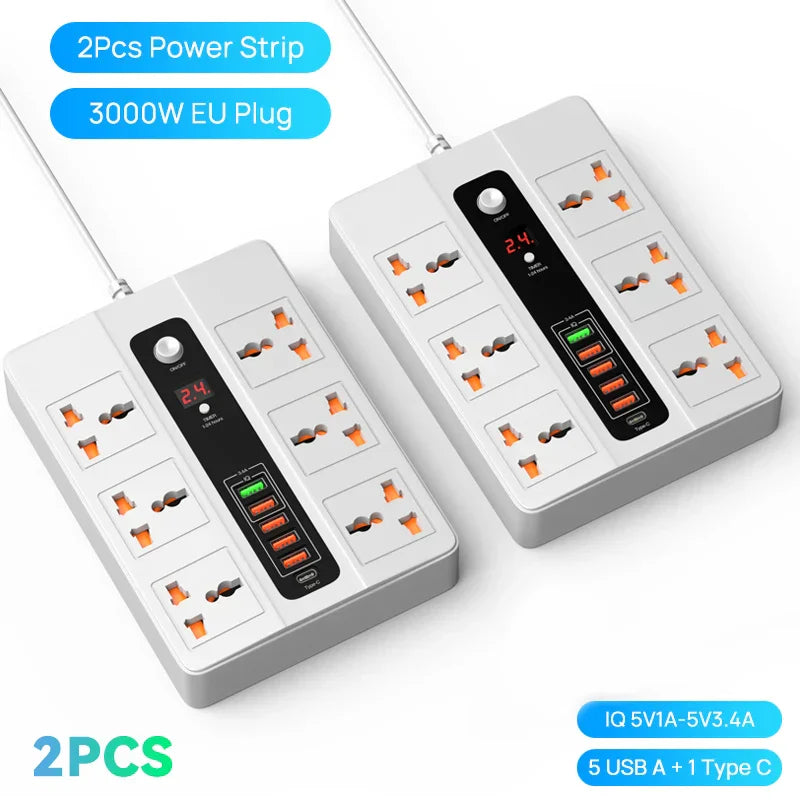 3000W 6 AC Outlets Power Strip 20W PD