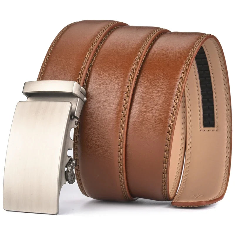Plyesxale Brown Leather Belt Men 2024 Automatic Buckle