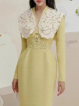 DEAT Elegant Dress Tweed Vneck High Waist Embroidery