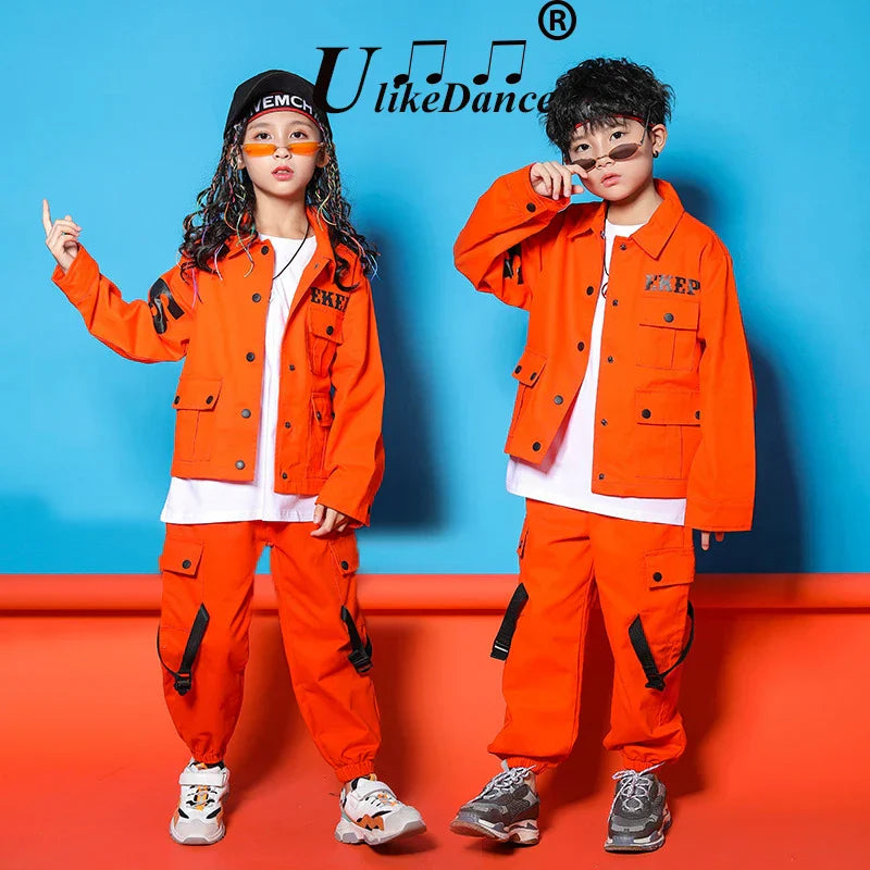 Kids Jazz Costumes Orange Long Sleeve Jacket Pants