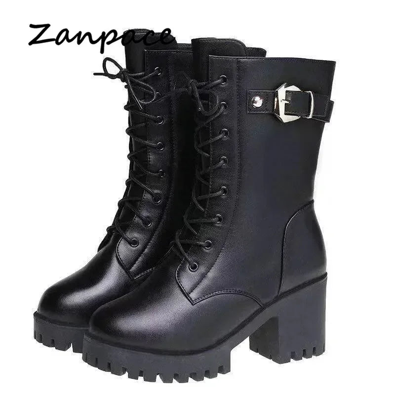 2023 Winter Leather Women Winter Boots Thick Wool