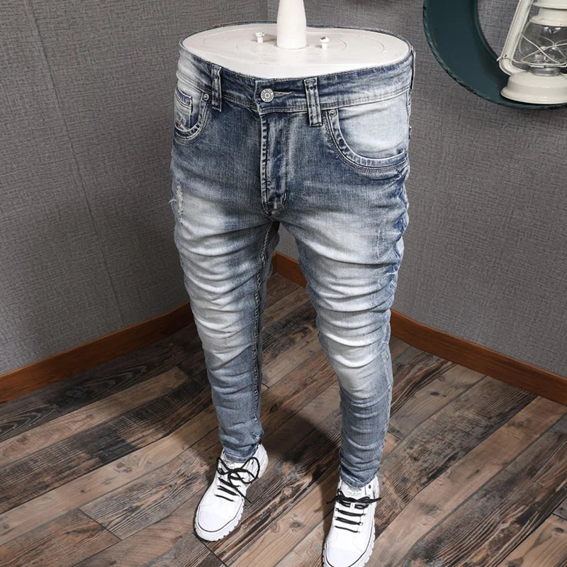 Fashion Designer Men Jeans Retro Light Blue Stretch