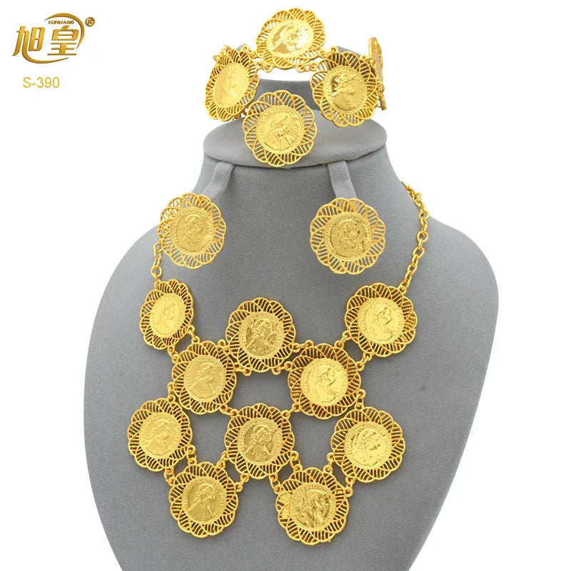 African 24K Gold Color Coins Necklace Bracelet Sets