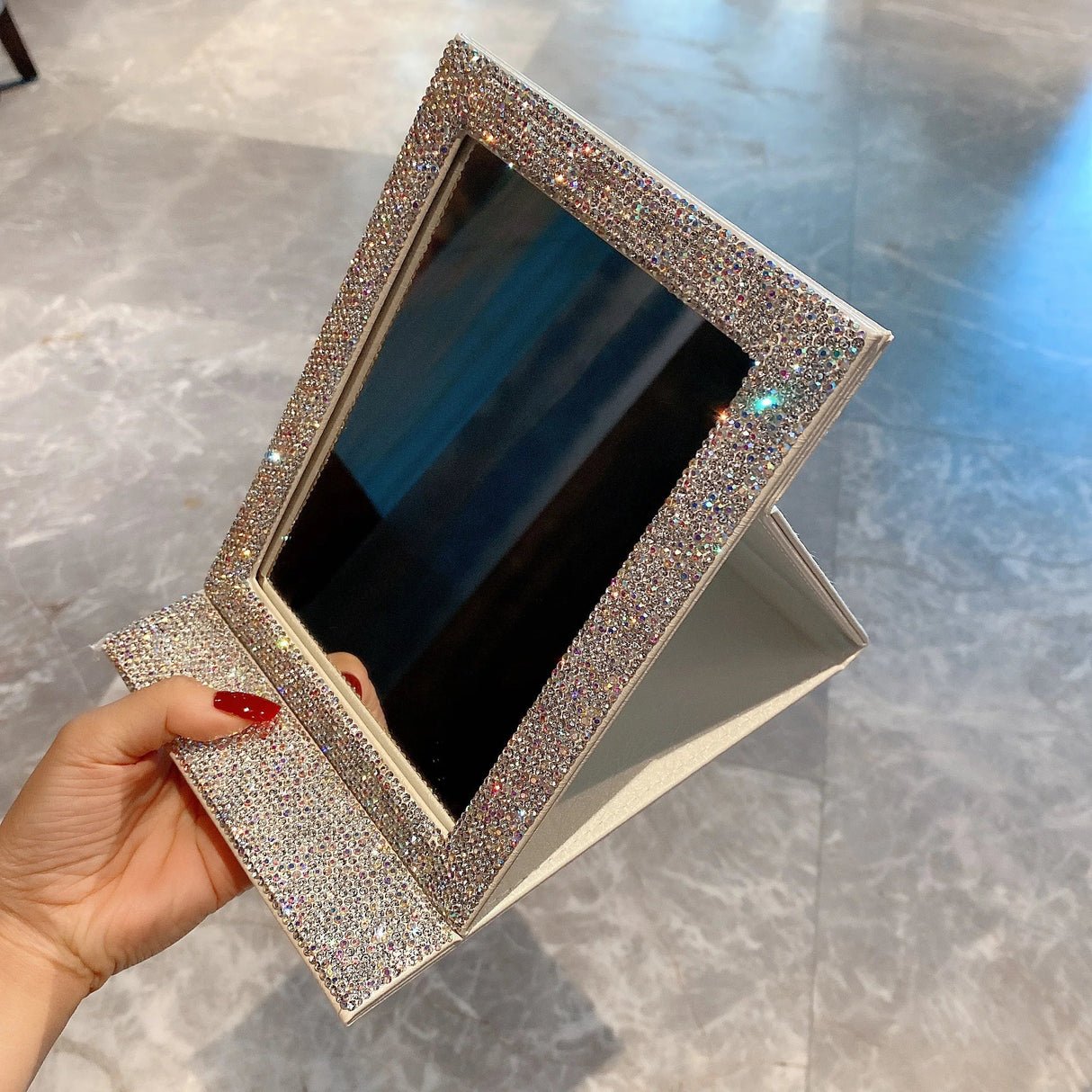 Diamond-encrusted high-definition folding mirror glitter powder leather girl