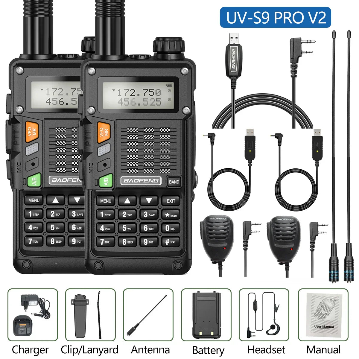 2PCS BaoFeng UV-S9 Pro V2 Walkie Talkie 10KM
