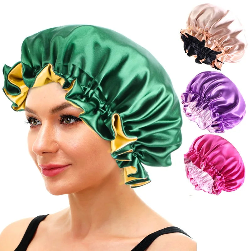 New Women Reversible Satin Bonnet Hair Caps Double