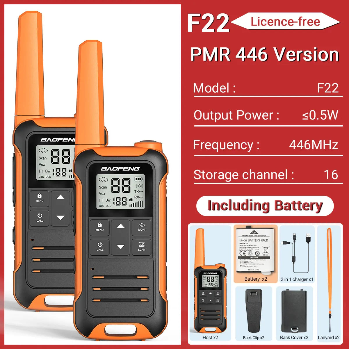 2PCS Baofeng F22 Walkie Talkie Portable Mini Communication