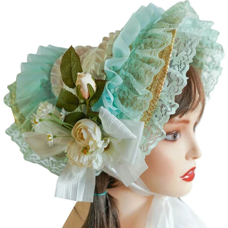 Japanese Lolita Sweet Handmade Straw Sun Hat Lace