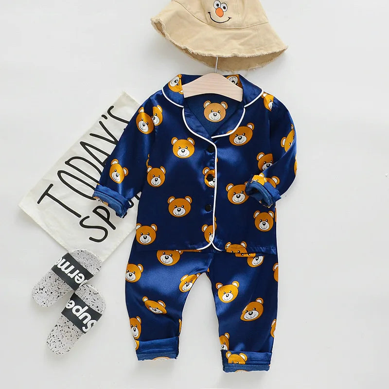 Toddler Girls Silk Satin Pajamas Sets Cartoon Kids