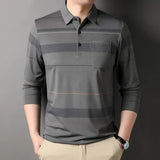 Streetwear Fashion Men Long Sleeve Striped Polo Shirts