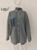 IEQJ Diamonds Patchwork Denim Jackets For Women Lapel