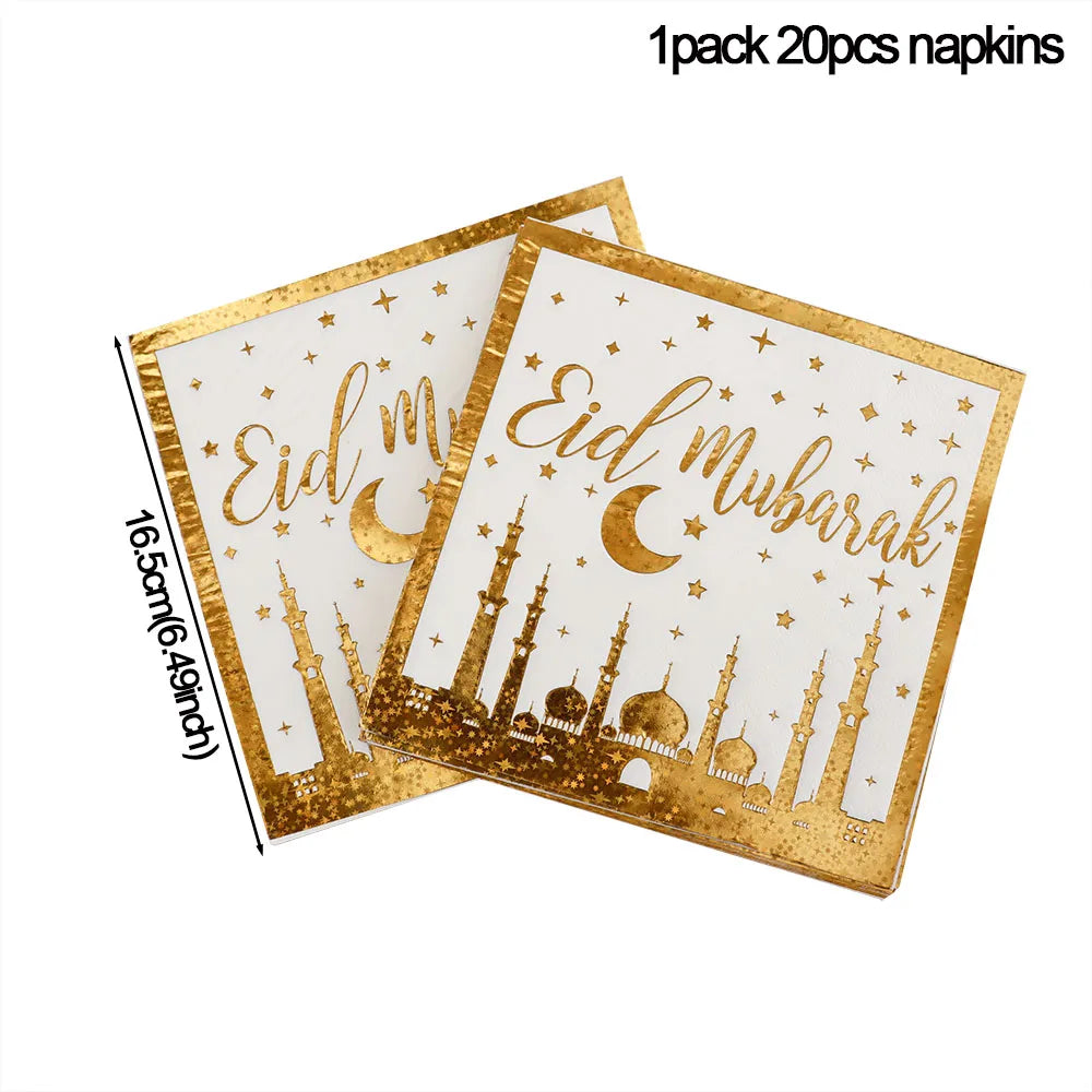 Gold Eid Mubarak Disposable Tableware Star Moon Gilded