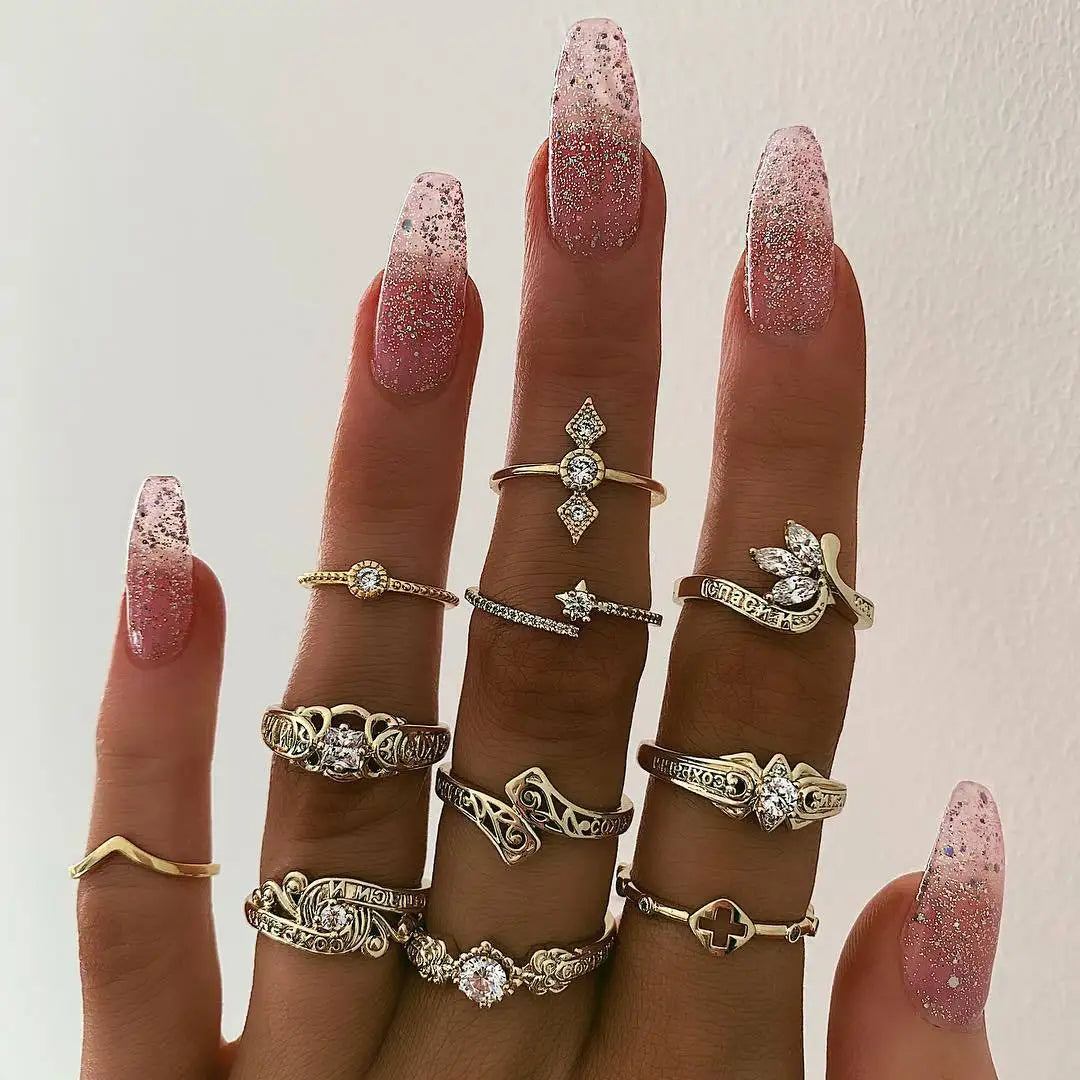 Fashion Green Crystal Knuckle Finger Rings Set For