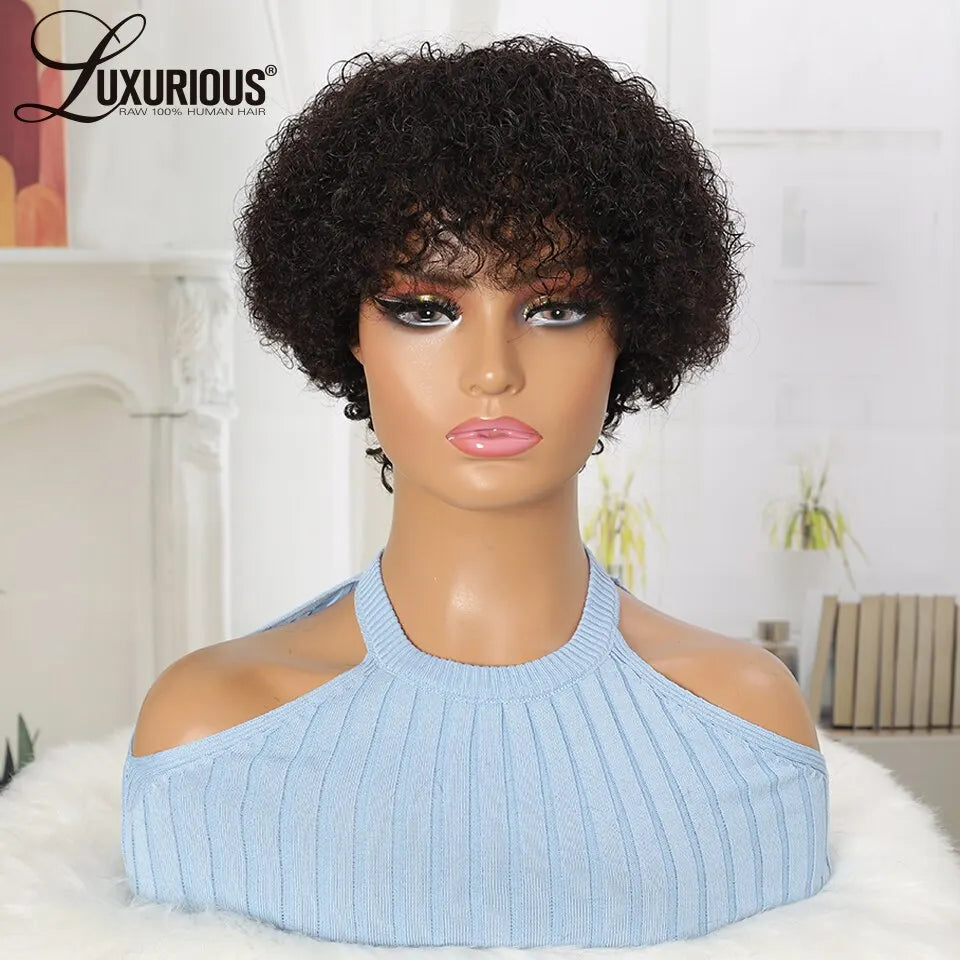 Brazilian Curly Human Hair Wigs With Bang Short