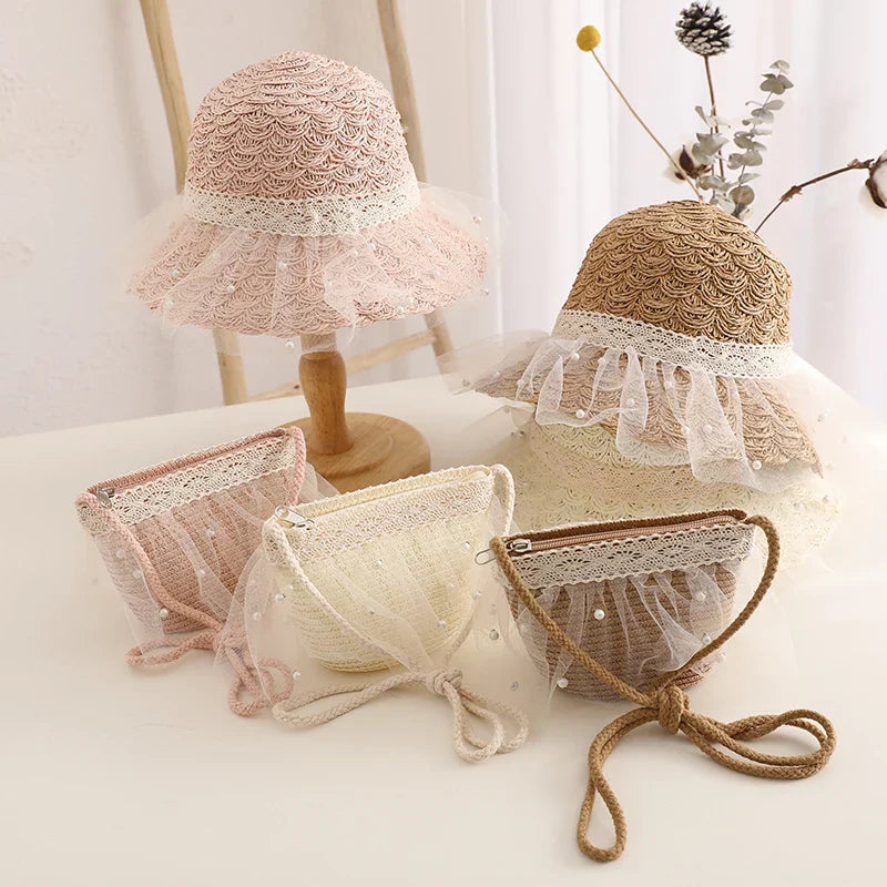 Kids Girls Straw Hat Handbag Set Wide Brim Lace Bow Sun Protection Cap  Summer Beach Bucket Cap Portable Handbag панама Gorras