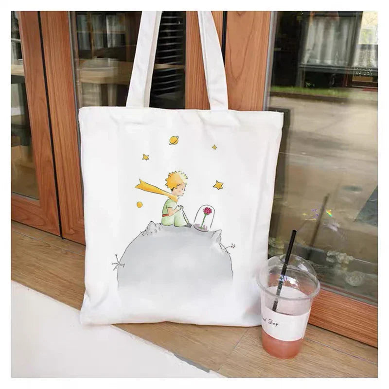 Fashion Trend Cartoon Print Canvas Tote Bag Korea Shopping Bag Ladies Daily Versatile Shoulder Bag Little Prince Pattern Handbag