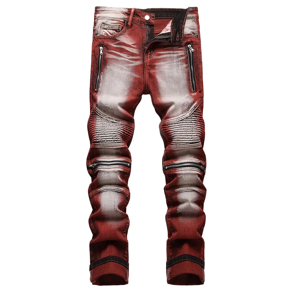 Men Stretch Denim Biker Jeans Streetwear Zippers Pleated