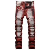 Men Stretch Denim Biker Jeans Streetwear Zippers Pleated
