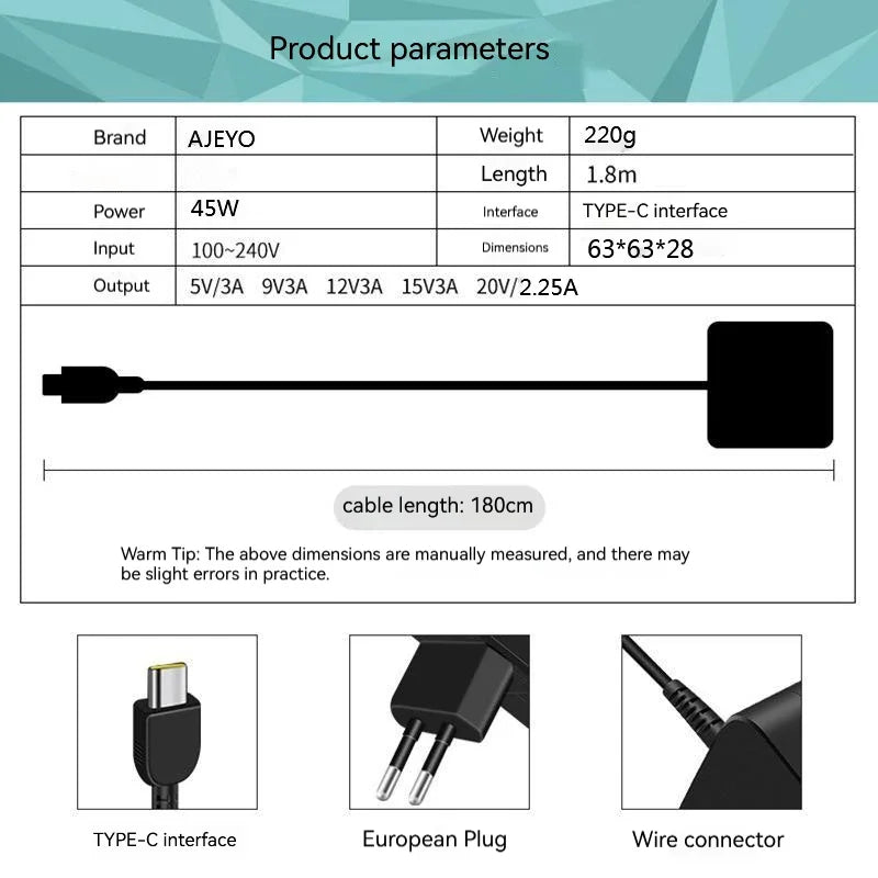 20V 2.25A 45W Type-C Laptop AC Adapter Charger