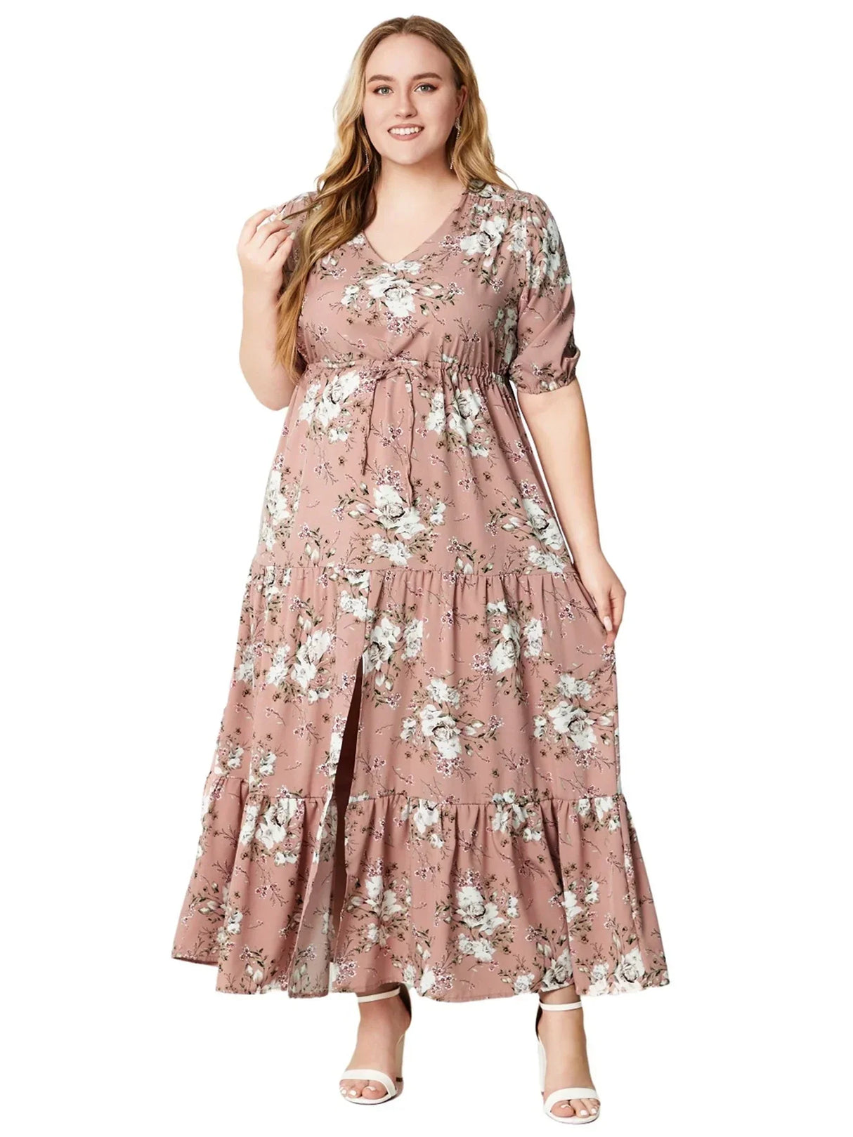 Plus Size Floral Print Half Sleeve Split Hem