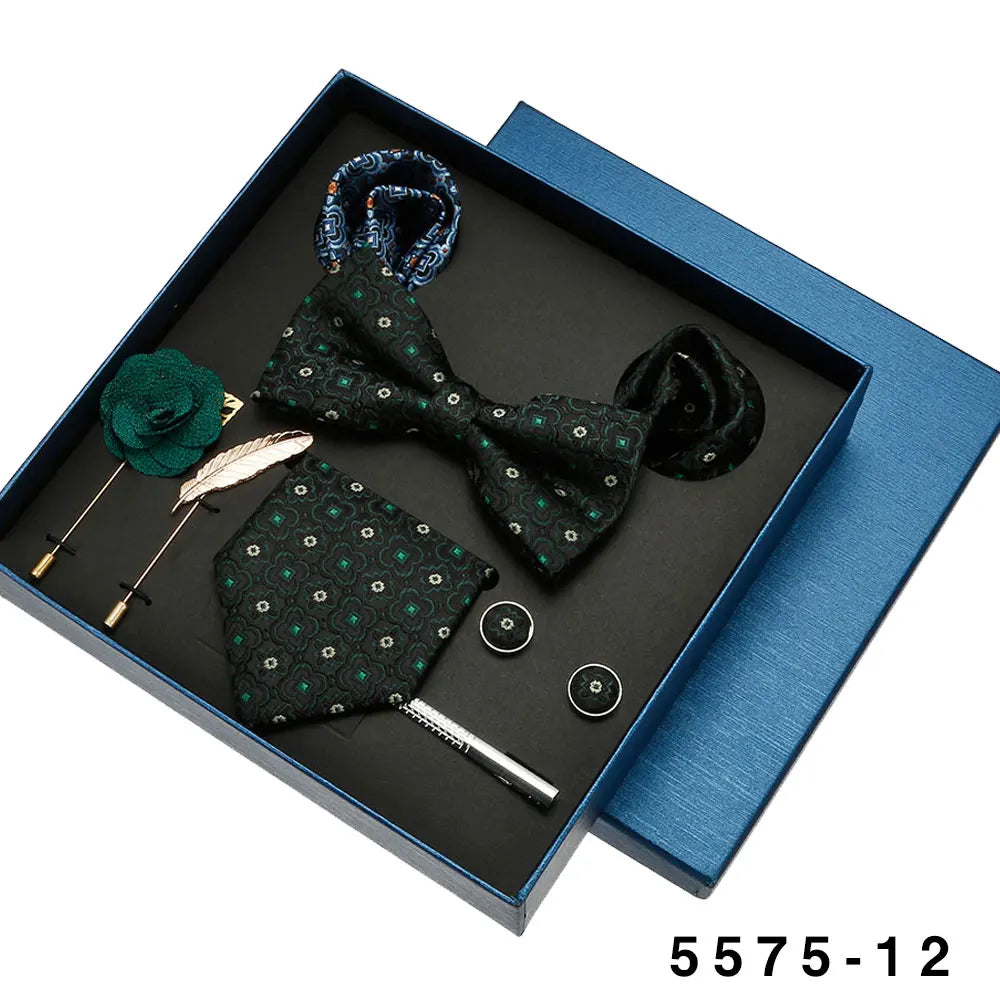 Black Mens Neck Tie Gift Set Bowtie Pocket