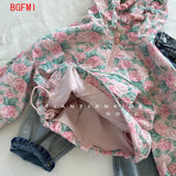 90-130cm Children's Pink Floral Flower Hooded Coat Toddler