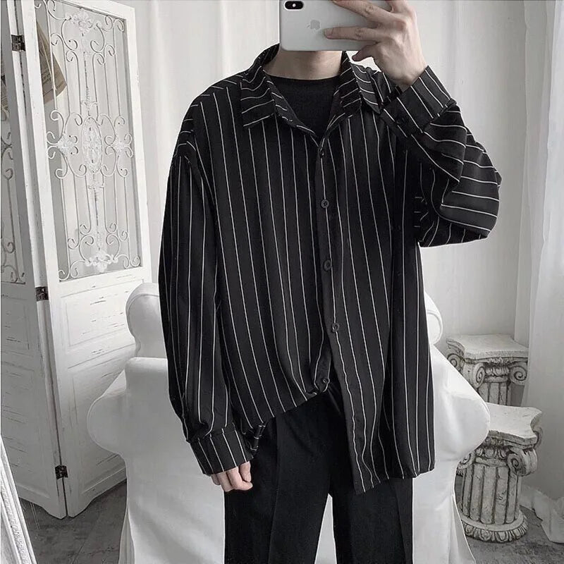 Fashion Lapel Button All-match Printed Striped Shirts Men's