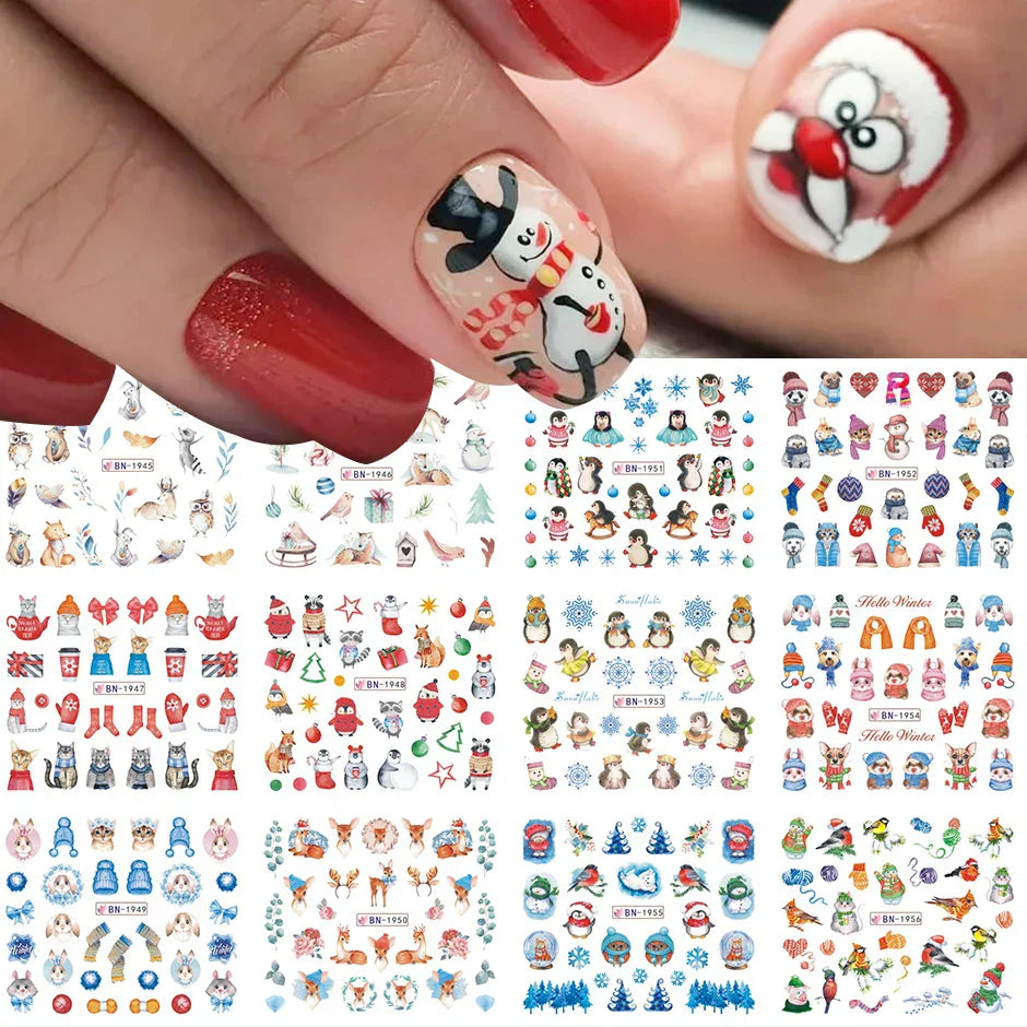 12pcs Hedgehog Animal Nail Water Stickers Pine Cones