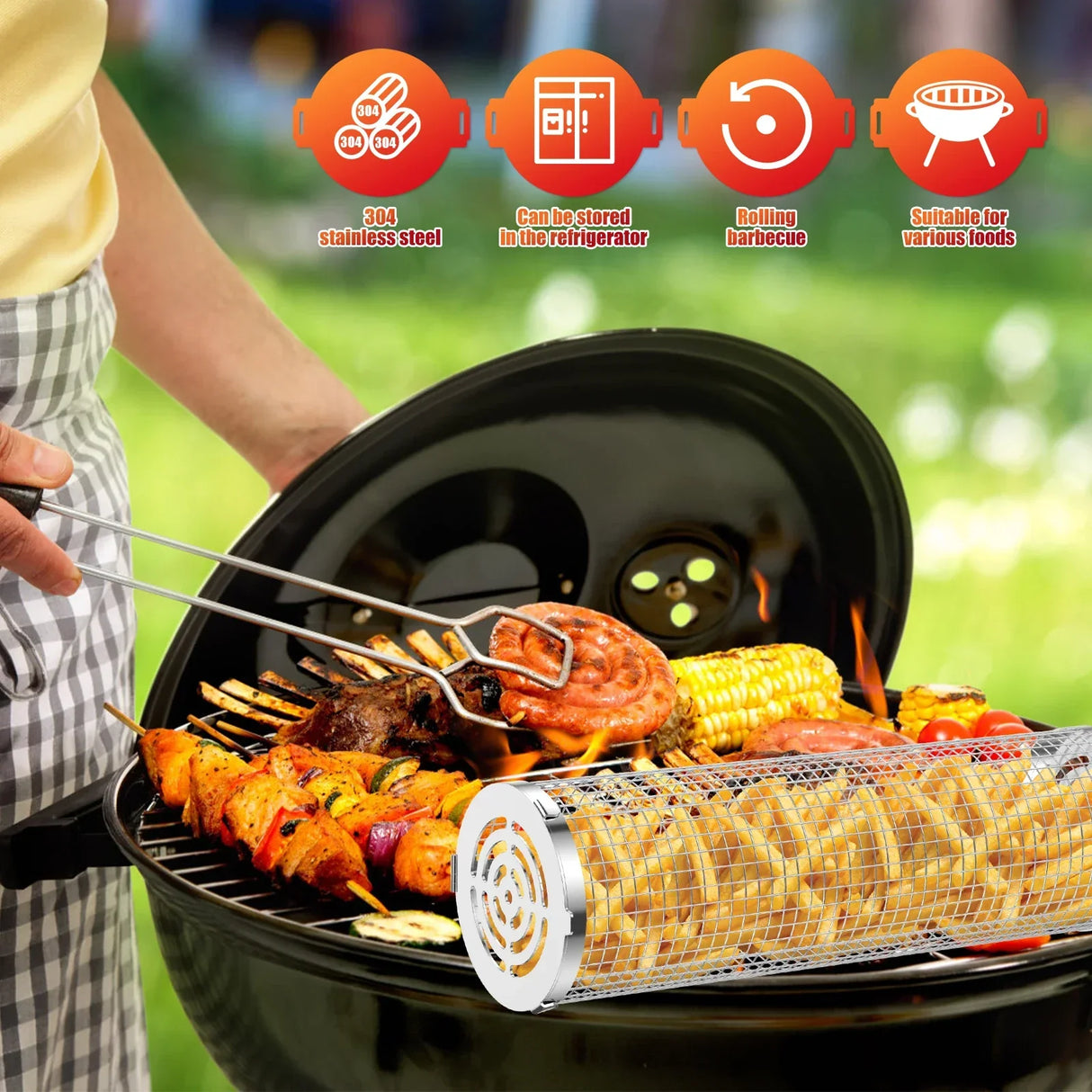 Stainless Steel BBQ Grill Basket Set Cylinder Barbecue