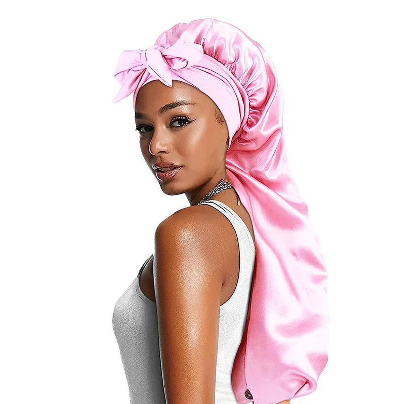 Women Satin Bonnets Adjustable Long Barrel Nightcap Solid