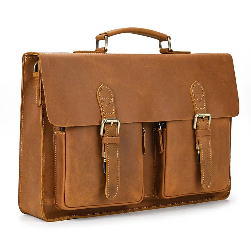 15.6" Genuine Leather Laptop Bag for Men - Cowhide Briefcase & Messenger Tote