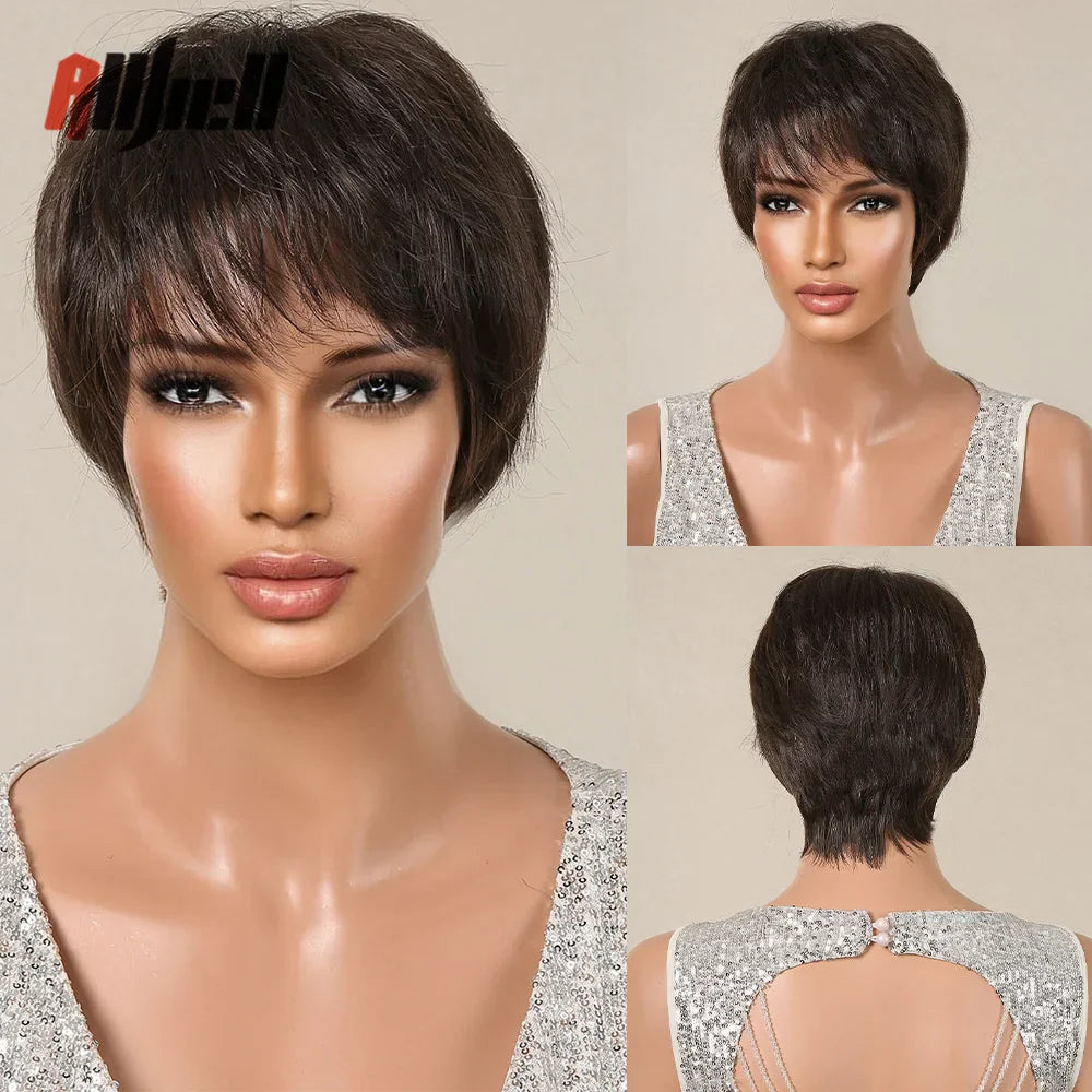 Short Pixie Cut Wig with Highlight Straight Chocolate