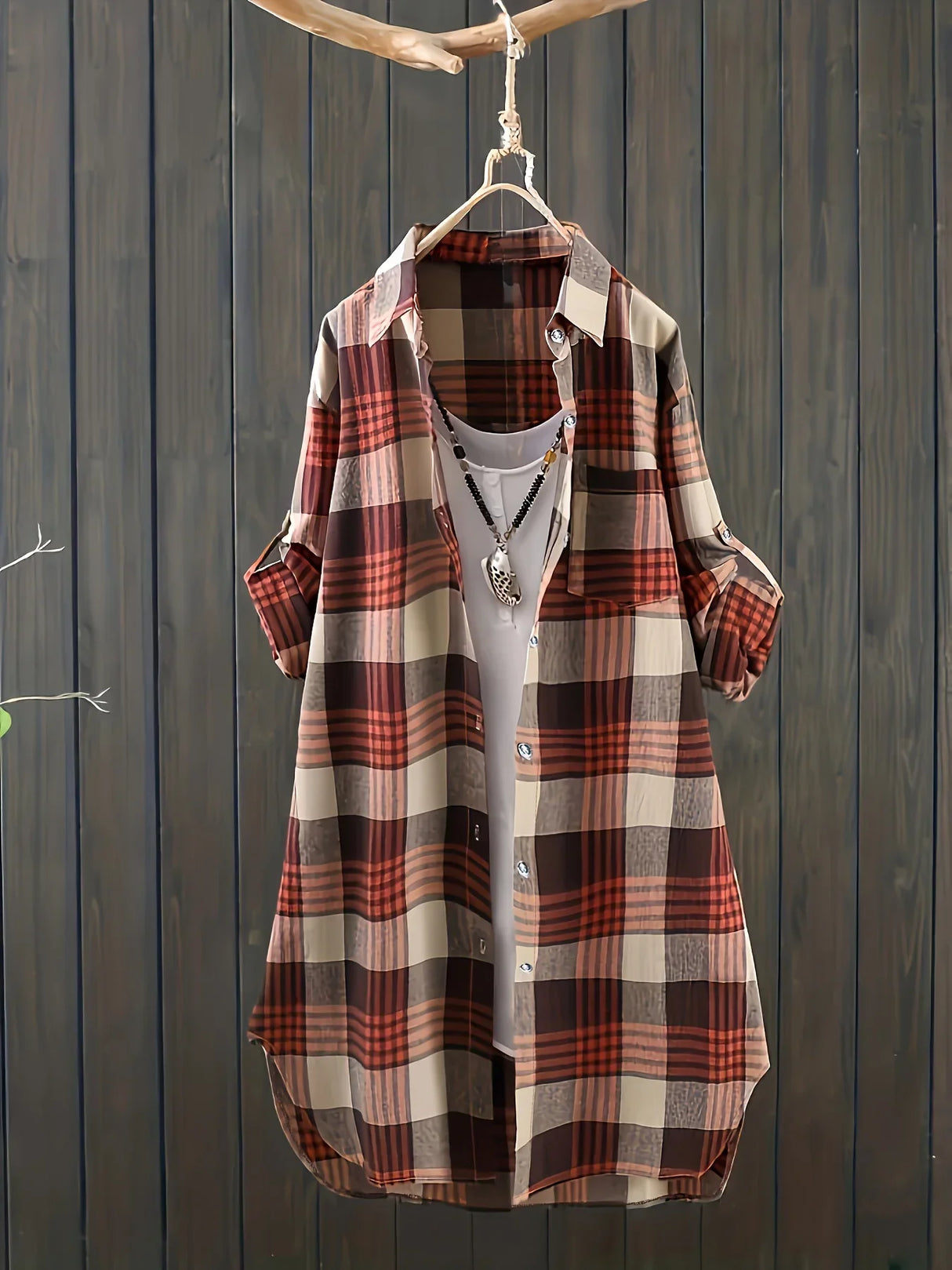 Plus Size Womens Casual Plaid Button Print Long