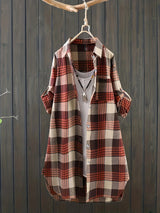 Plus Size Womens Casual Plaid Button Print Long
