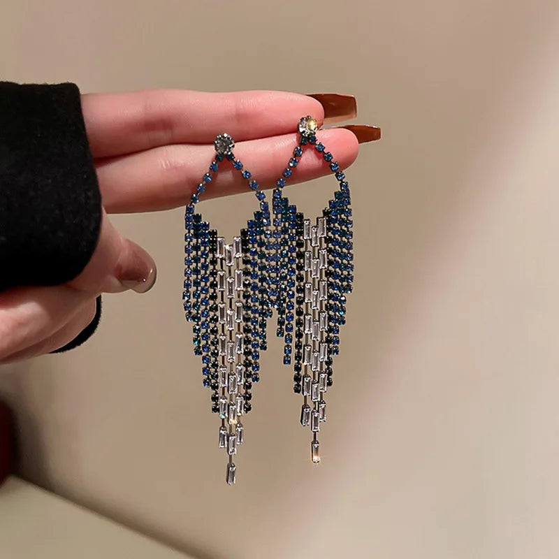 Long Retro Blue Flower Feather Tassel Dangle Earrings
