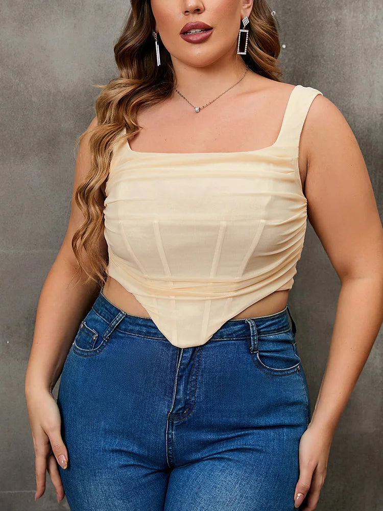EYNMIN Plus Size Solid Sexy Mesh Cropped Tank