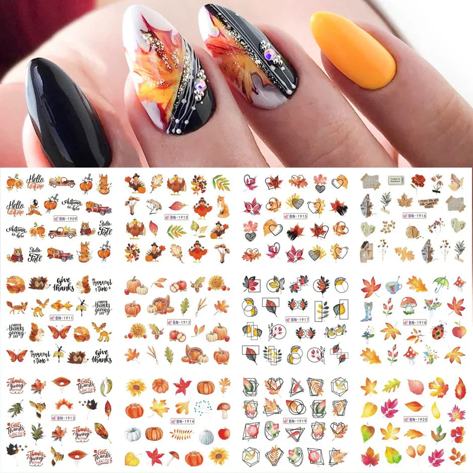 12pcs Hedgehog Animal Nail Water Stickers Pine Cones