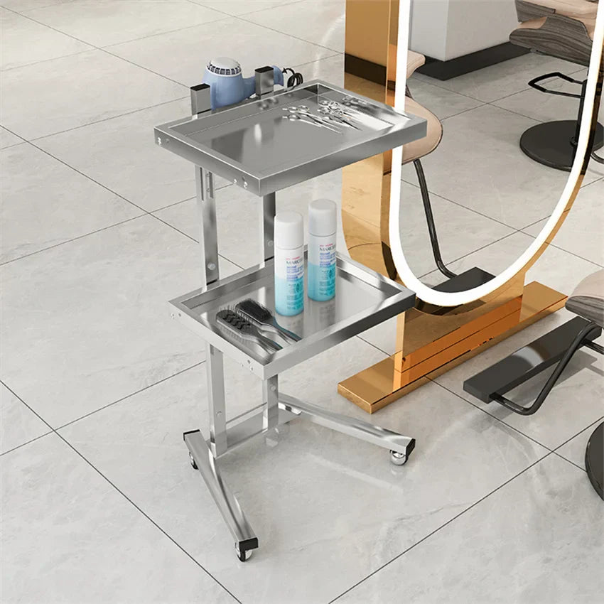 Hairdressing stainless steel cart Japanese two-layer folding beauty