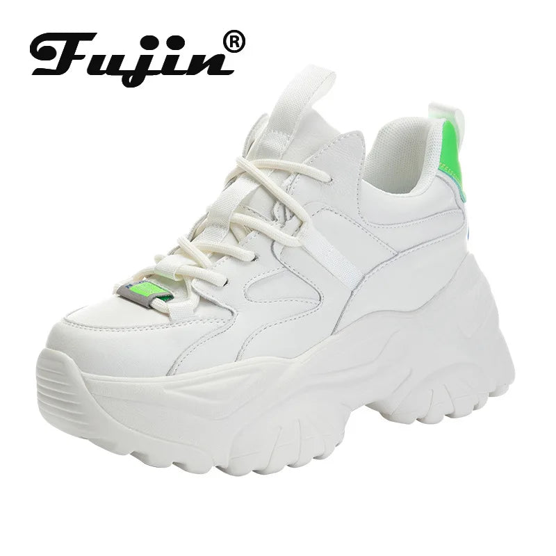 Fujin Genuine Leather Women Sneakers Chunky Shoes Dad 8cm Platform Wedge Sneakers Hidden Heel Casual Shoes Spring Autumn Summer