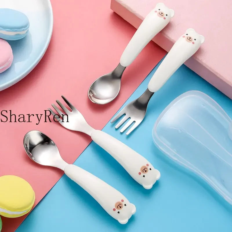 Baby Children Spoon Fork Set Cartoon Bear Stainless