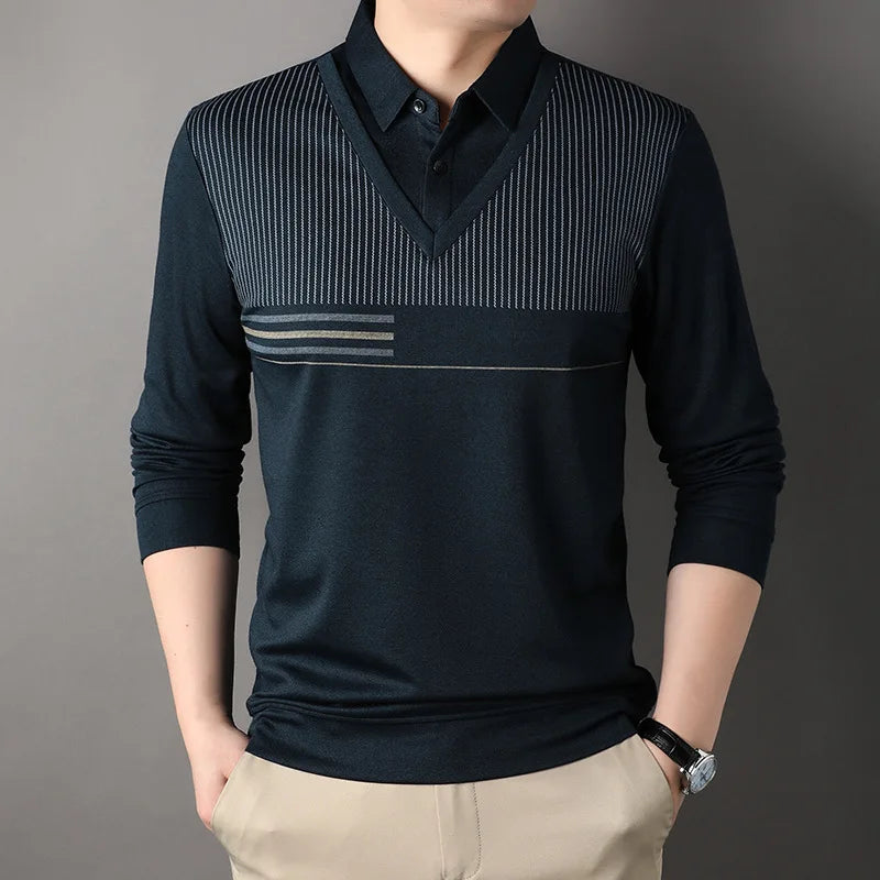 Spring and Autumn Men's Pullover Polo Collar Stripe