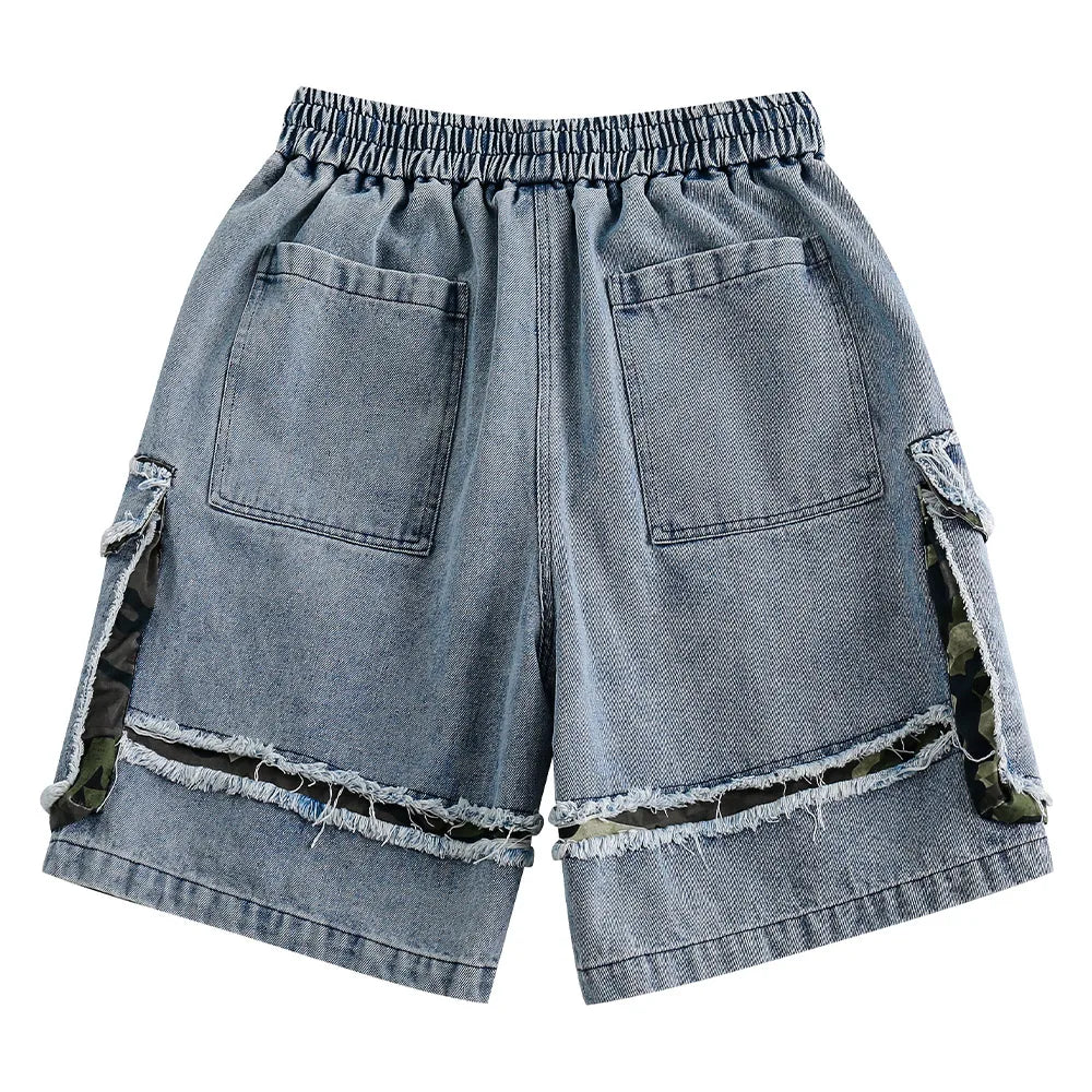 Streetwear Men Denim Shorts Tassel Three-dimensional Pocket Short