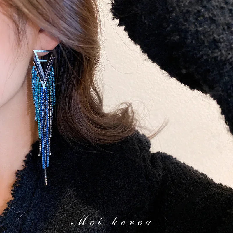 Exaggerated Blue Rhinestone Crystal Geometric Flower Long Tassel