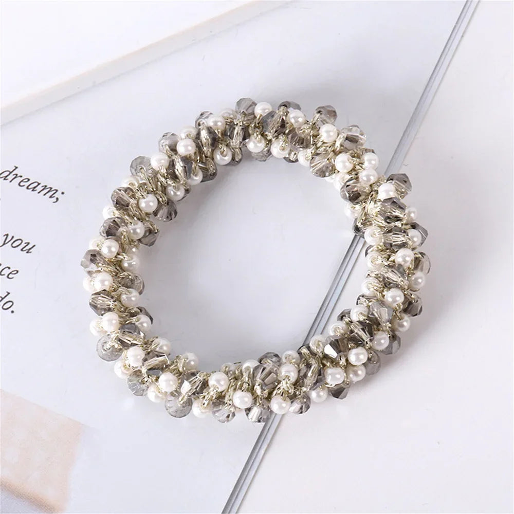 1pc Women Crystal Pearls Hair Rope Handmade Elastic