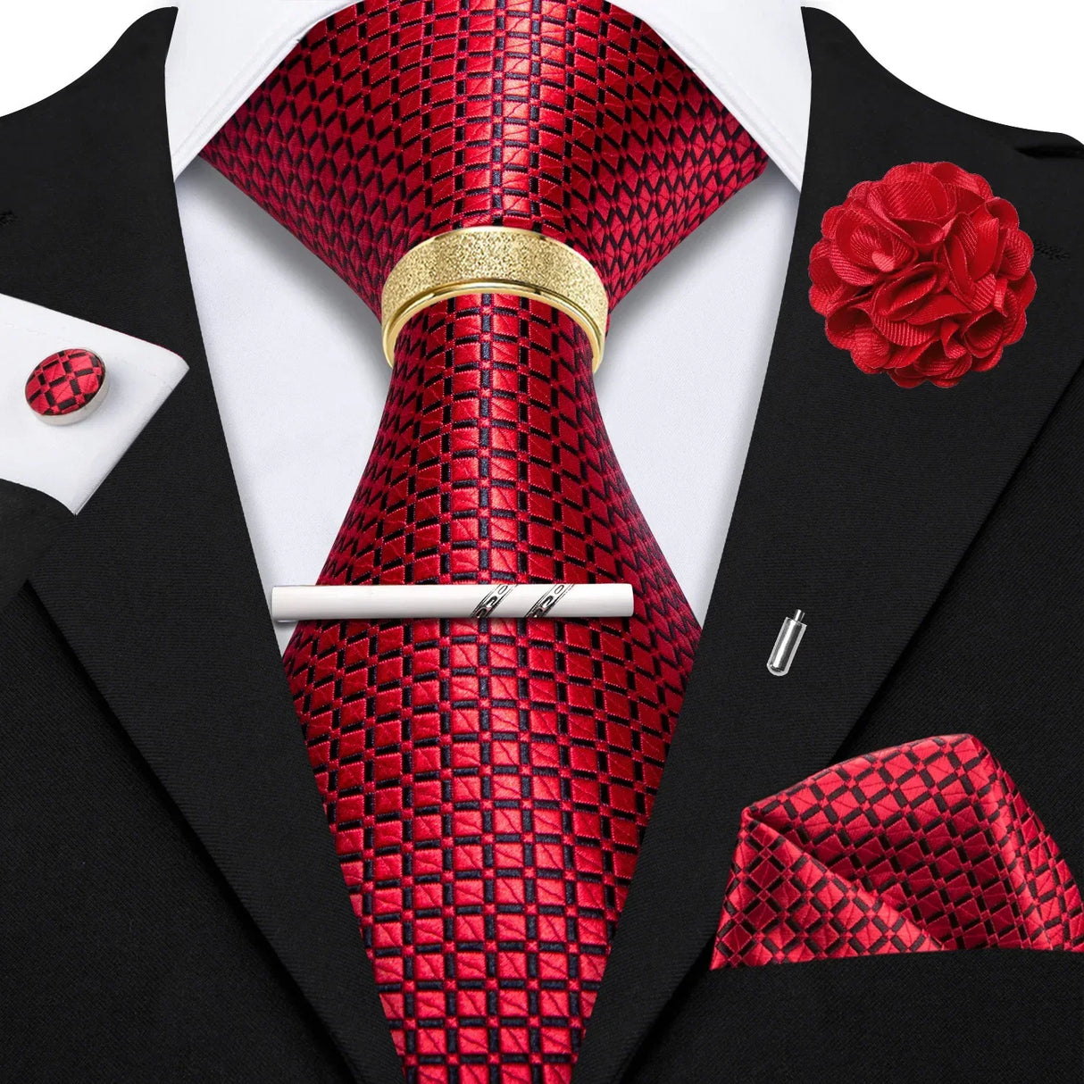 Barry.Wang Silk Mens Tie Hanky Cufflinks Clip Brooch